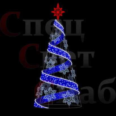 Новогодняя ель "Спираль со снежинками" 3.5м Синяя с Красной Звездой